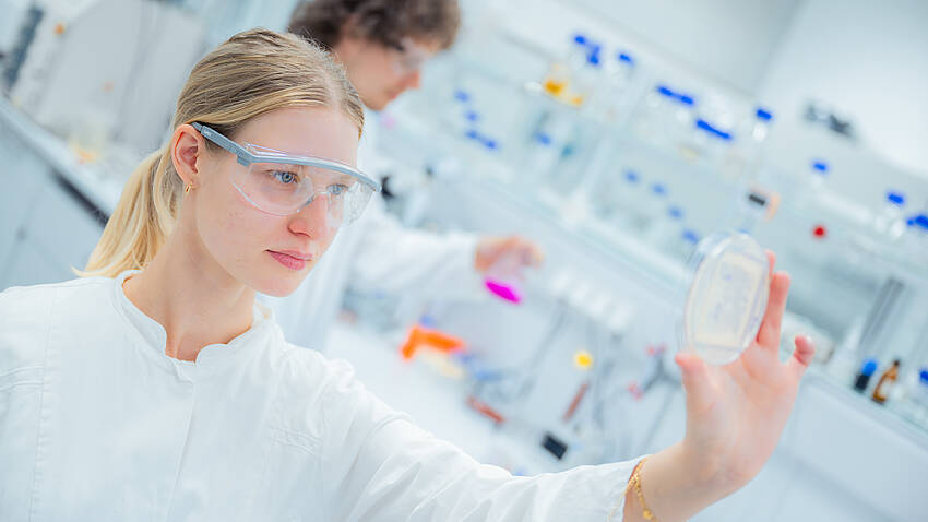 Eine Studentin prüft ein Experiment. Im Hintergrund ist ein Student zu sehen, der ein Exprimiert ausführt. Eine Studentin prüft ein Experiment. Im Hintergrund ist ein Student zu sehen, der ein Exprimiert ausführt.