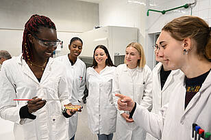 Biopharmazeutische Wissenschaften Header Sechs Studierende des Studiengangs Biopharmazeutische Wissenschaften untersuchen den Inhalt einer Petrischale.